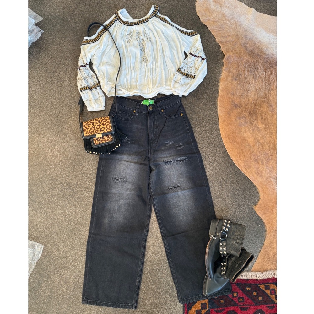SANDRINE ROSE X Free People Black Distressed Wide Leg, Relaxed, High Waist Fit